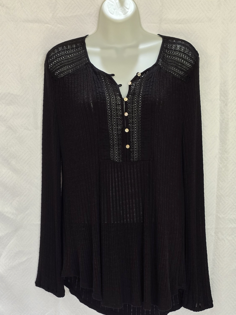 Lucky Brand Black Lace-Yoke Long Sleeve Blouse